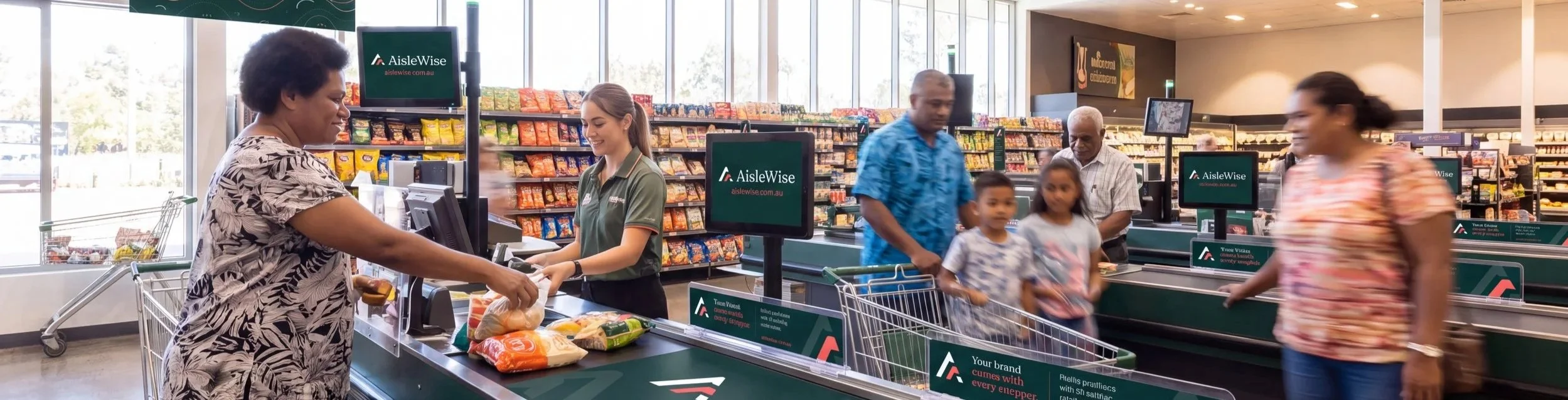 Customers shopping at checkout counters in a grocery store, with shelves behind them stocked with snacks and other groceries.