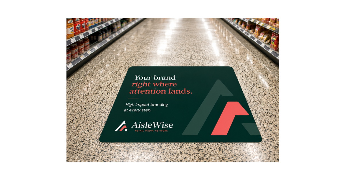 Sign on supermarket shelf for AisleWise retail media network promoting shelf talkers. The sign highlights benefits like high impact visibility, engaging shoppers, and driving results.