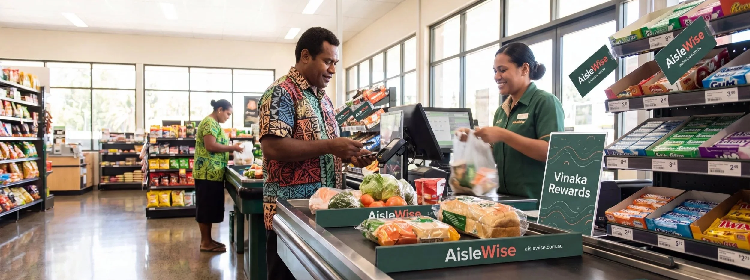 Man shopping for groceries at checkout counter in a supermarket while cashier scans items, with a woman shopping in the background.