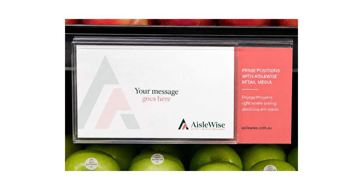 Green floor decal with the logo and text promoting in-store advertising, high visibility, targeted audience, and proven results.