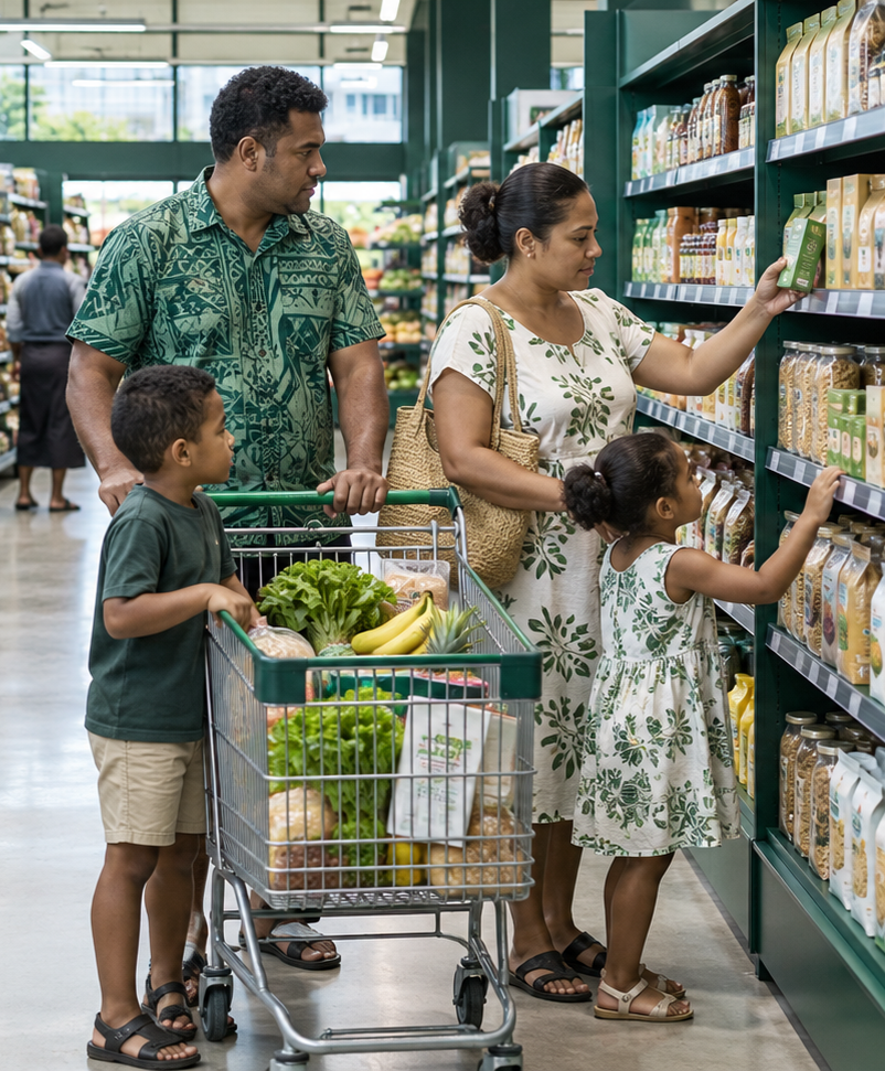 A family shopping in a grocery store, with an adult woman and her two children looking at food items on a shelf, a man standing beside them, and a shopping cart filled with groceries.