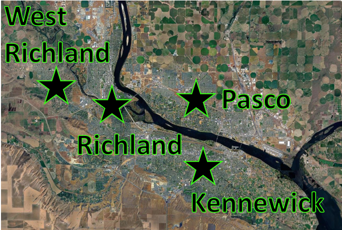 Satellite map showing the cities of West Richland, Richland, Pasco, and Kennewick in Washington, with their locations marked by large green stars and labels.