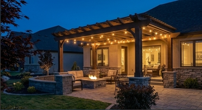 Outdoor patio with string lights over seating area and fire pit at night.