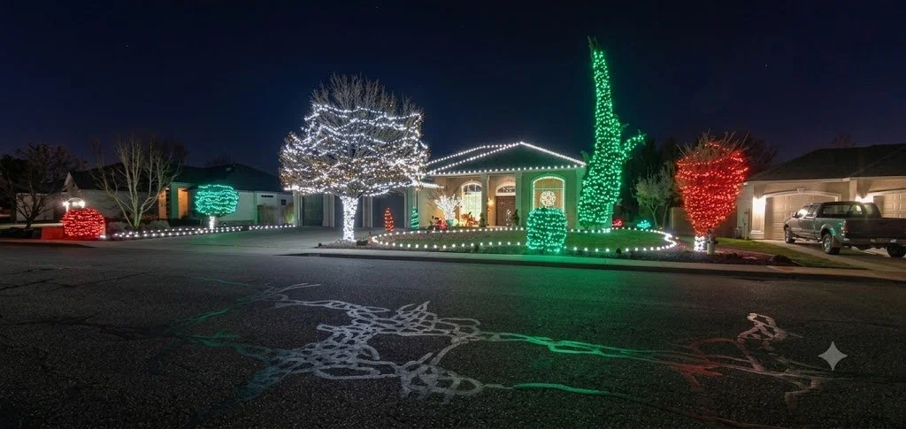 Richland home, Christmas lights, trees and shrubs lighting, yard lighting.