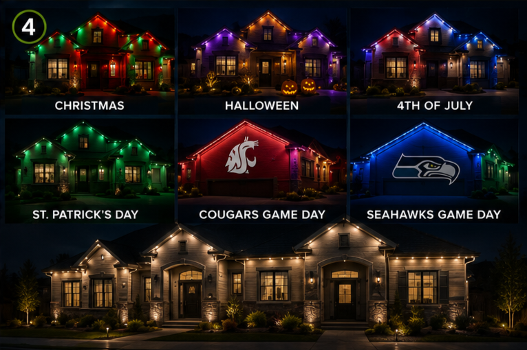 A collage of houses decorated with lights in different colors, representing holidays and sports team celebrations. The top row features houses for Christmas, Halloween, and 4th of July, with holiday-themed lighting and decorations. The middle row shows houses for St. Patrick's Day, Cougars Game Day, and Seahawks Game Day, with team logos and themed lighting. The bottom house is decorated with white lights for a festive appearance.