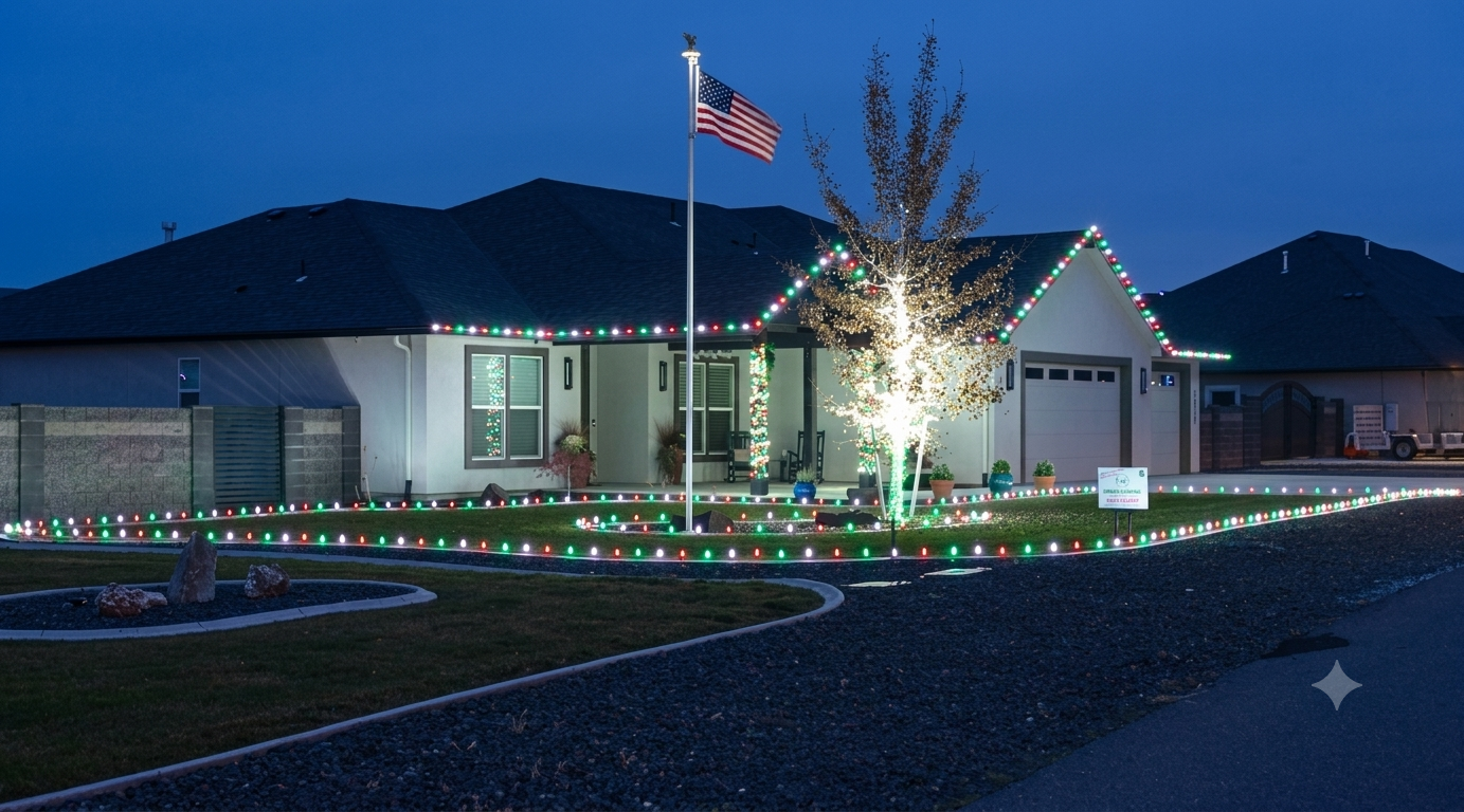 A house decorated with Christmas lights, a lit Christmas tree, an American flag, and a sign in the yard during evening.