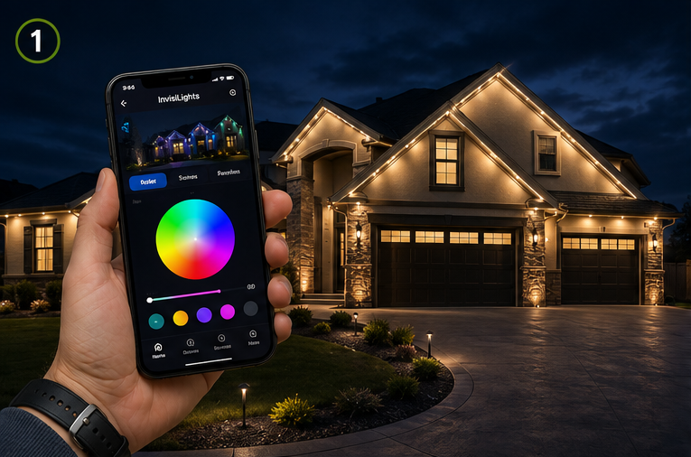 A person using a smartphone to control outdoor house lighting with an app showing various color options, illuminating a large house at night.