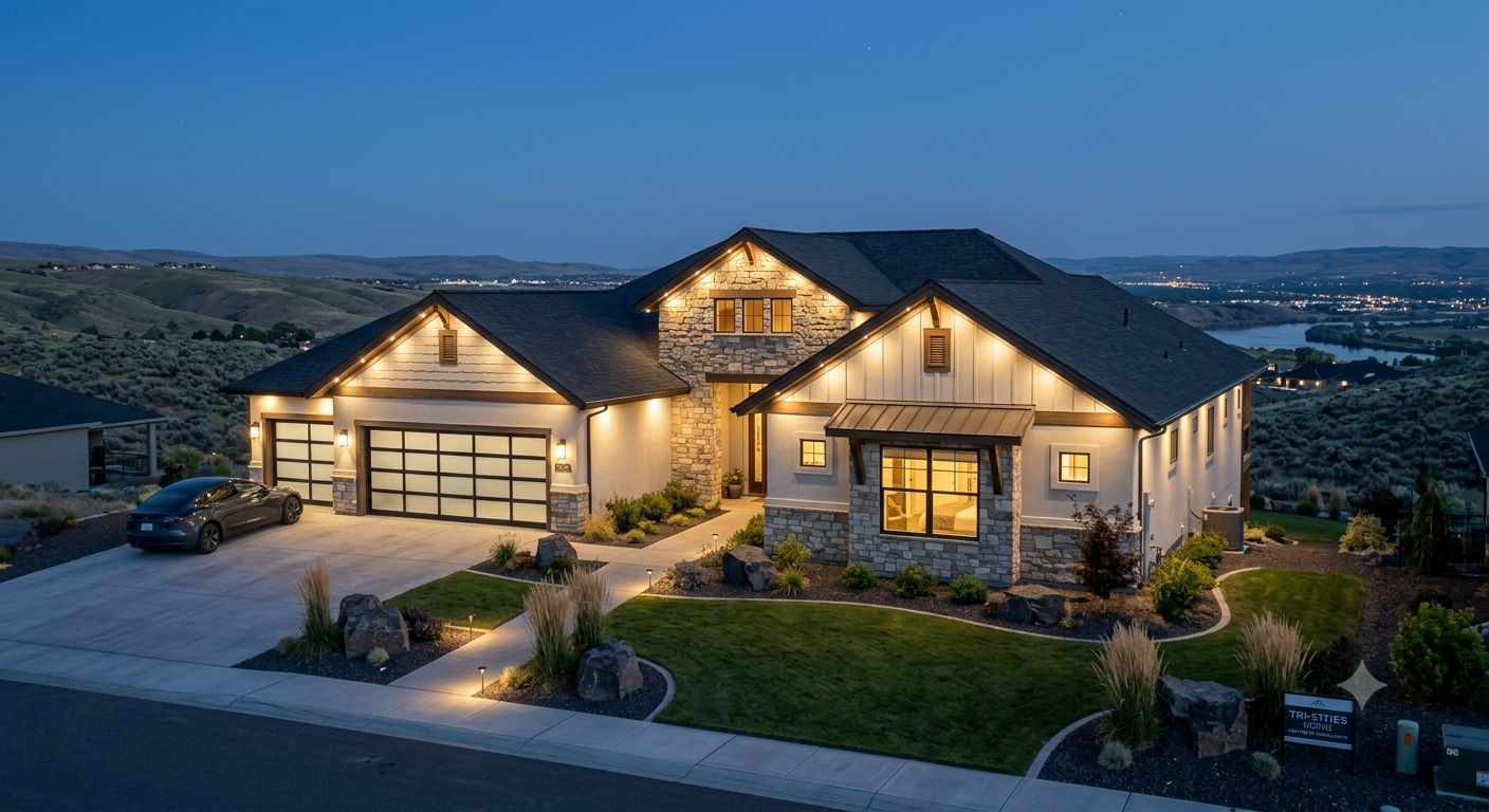 A modern house illuminated at dusk with a well-landscaped front yard, driveway with parked car, and a scenic landscape in the background.