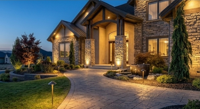 Exterior view of a large stone house with well-lit porch and landscaped front yard at dusk