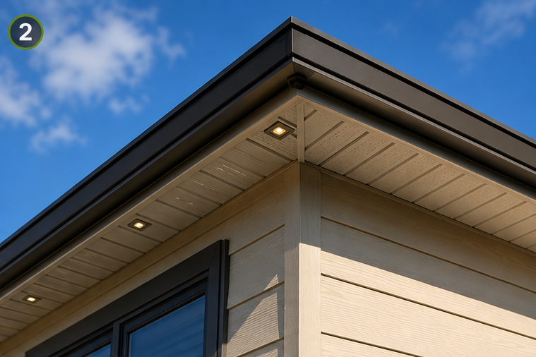 Close-up of the corner of a modern house with beige siding, a black window frame, and recessed lighting under the roof's overhang, against a blue sky with some clouds.