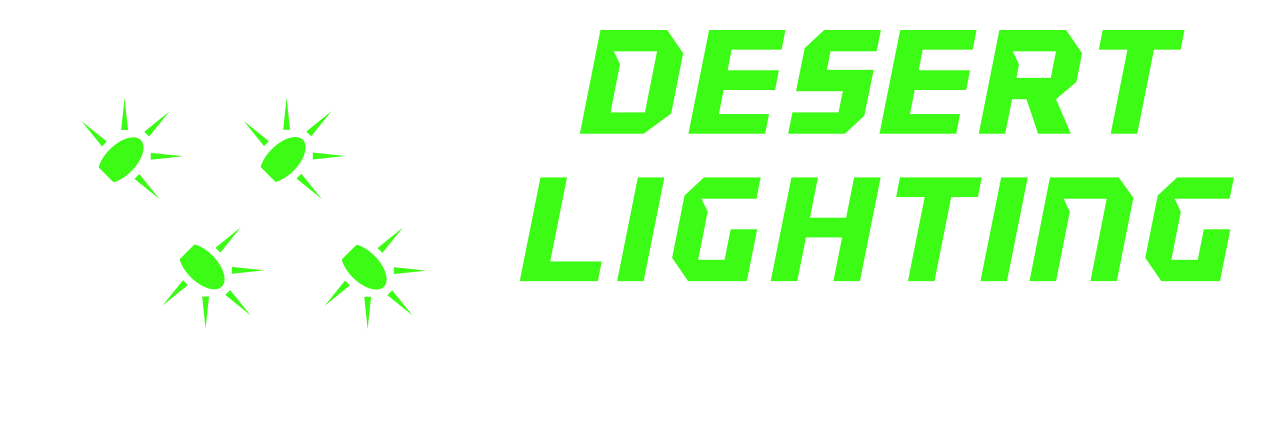 Logo of Desert Lighting LLC with a circular target icon containing green and white dart-style lights, and the text "Desert Lighting LLC" in bright green font with black outline, and the slogan "Keep It Lit" in white.