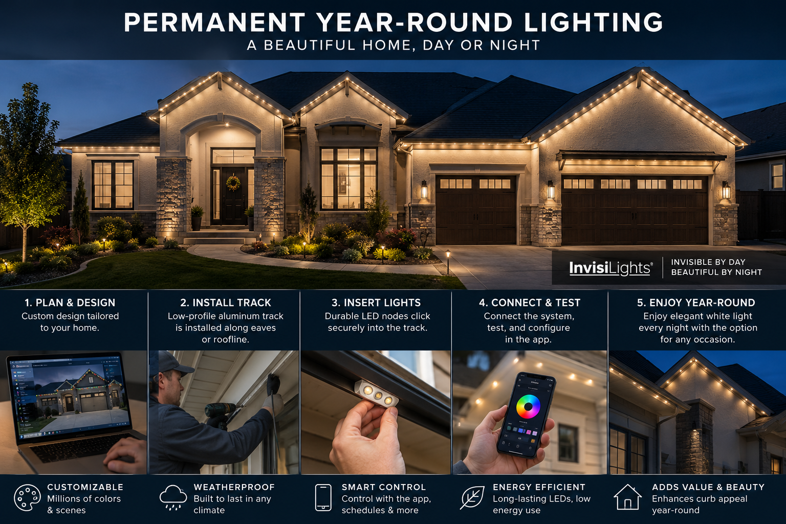 A house illuminated at night with permanent LED lighting installed along eaves and rooflines, showcasing a driveway and landscaped yard. The image includes a step-by-step infographic on installing permanent year-round lighting systems, highlighting design, installation, insertion, testing, and enjoyment.