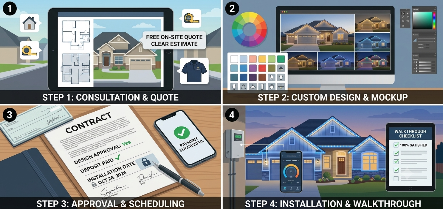 Infographic showing four steps for home construction process. Step 1: Consultation and Quote, featuring floor plans and house photos. Step 2: Custom Design and Mockup, with color palette and house images. Step 3: Approval and Scheduling, with contract, check, and smartphone displaying payment success. Step 4: Installation and Walkthrough, showing house with lighting, smart meter, and checklist.