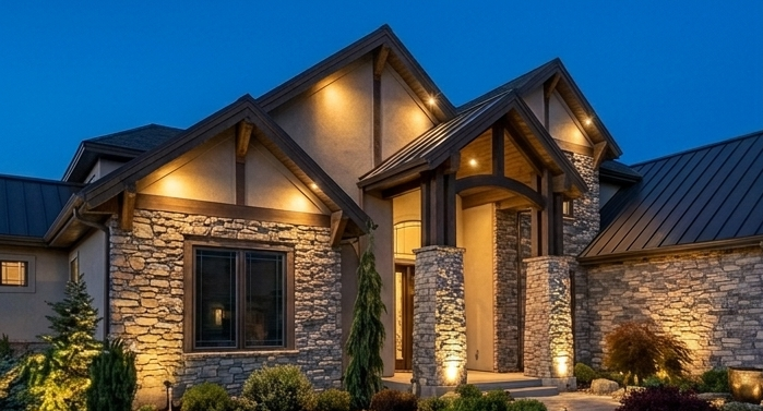 Exterior of a large house with stone walls, illuminated by outdoor lighting at dusk, featuring a gabled roof and a front entrance with columns.