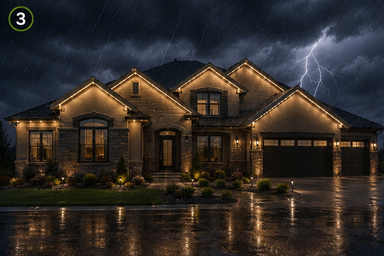 A large, modern house with exterior lighting, set during a thunderstorm with lightning in the dark, cloudy sky.