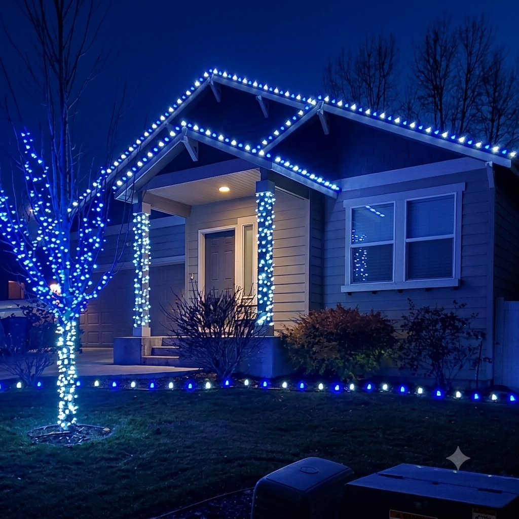 Kennewick home, christmas lights, yard lighting and tree lighting.