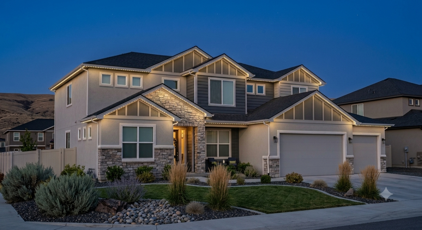 A modern two-story house during dusk with exterior lighting, stone accents, a manicured lawn, desert plants, and a double garage.