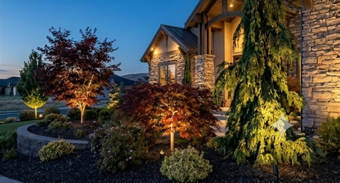 Beautiful landscape of a house with landscaped garden and illuminated trees at dusk.