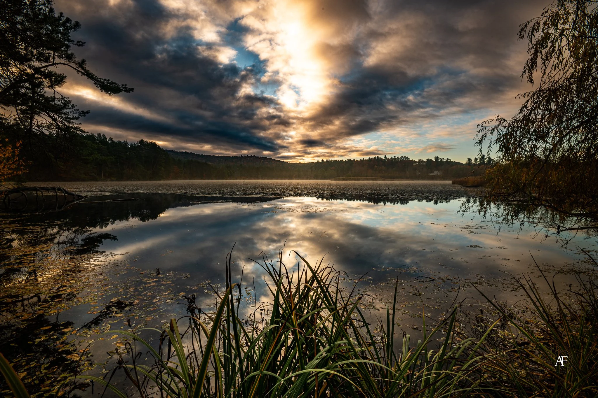 A scenic view of a lake at sunset with dark clouds in the sky, reflected on the water, surrounded by trees and grass in the foreground.