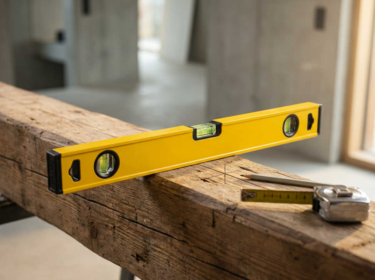Yellow spirit level placed on a rough wooden plank in a construction site.