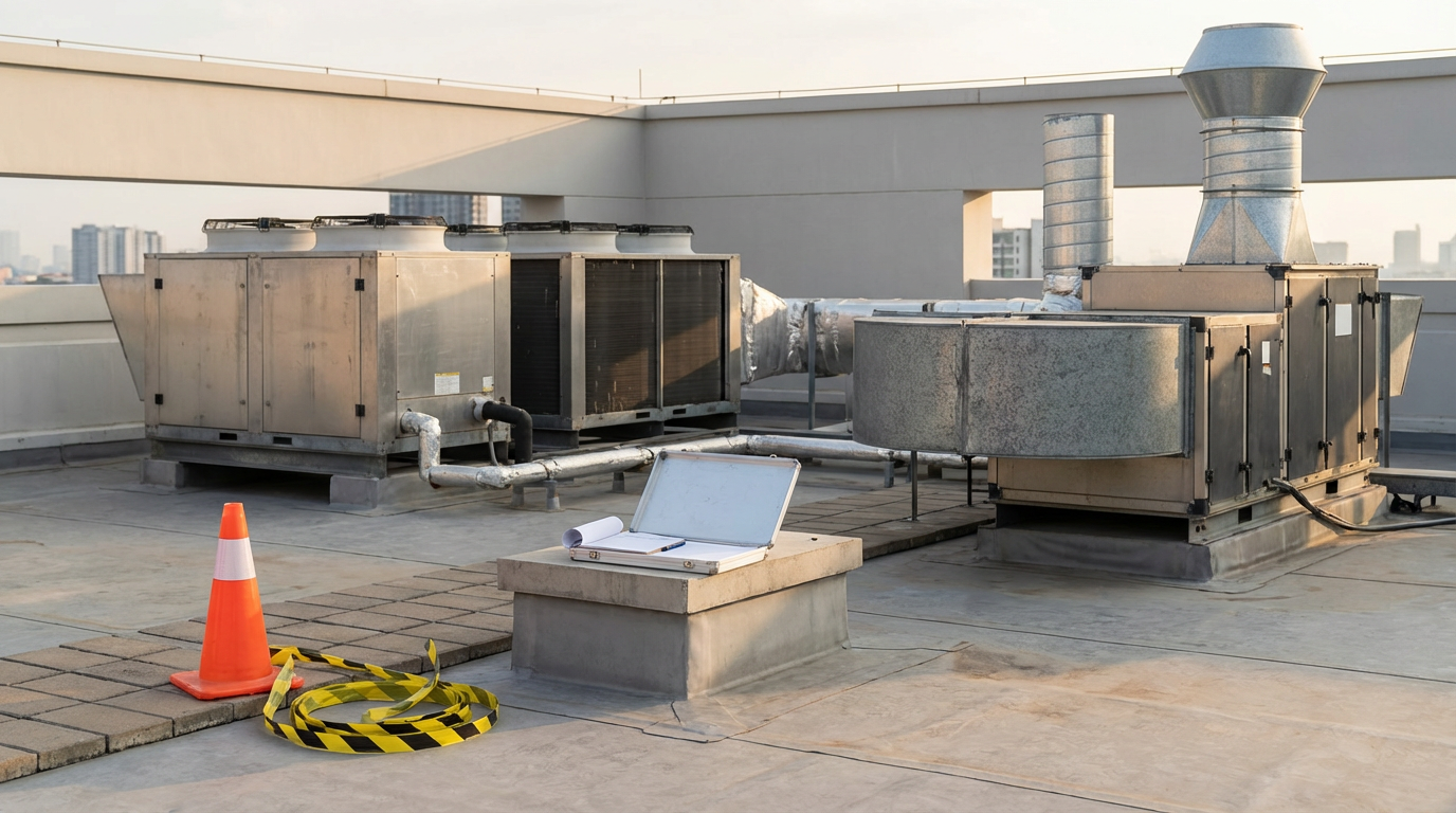 On a building rooftop, there are large industrial HVAC units, a safety cone, and yellow caution tape, with a city skyline in the background.