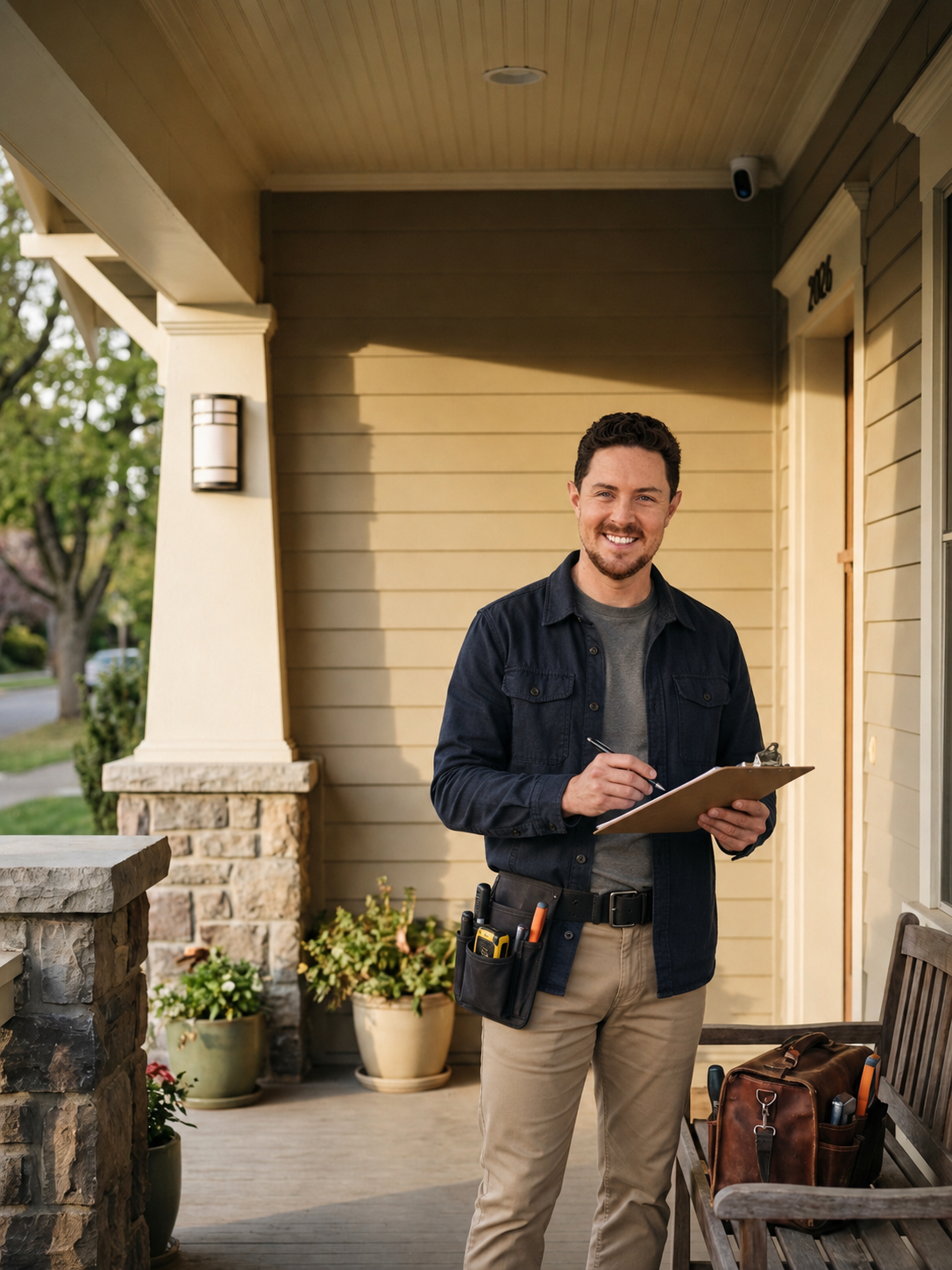 A smiling male utility worker standing on a residential porch holding a clipboard and pen, wearing a tool belt with various tools.