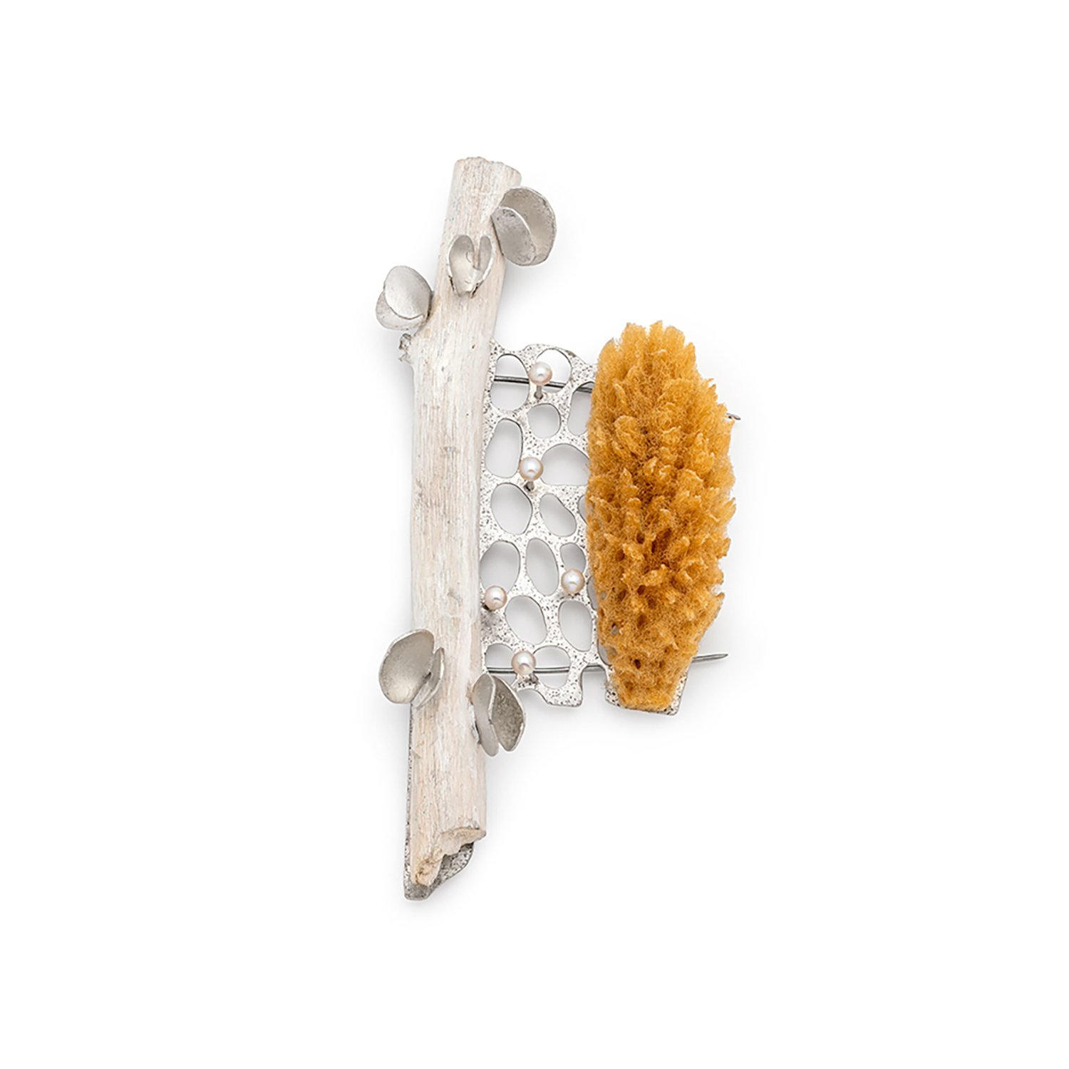 absorbed #1, 2021. silver, found wood, sea sponge, pearl, steel.