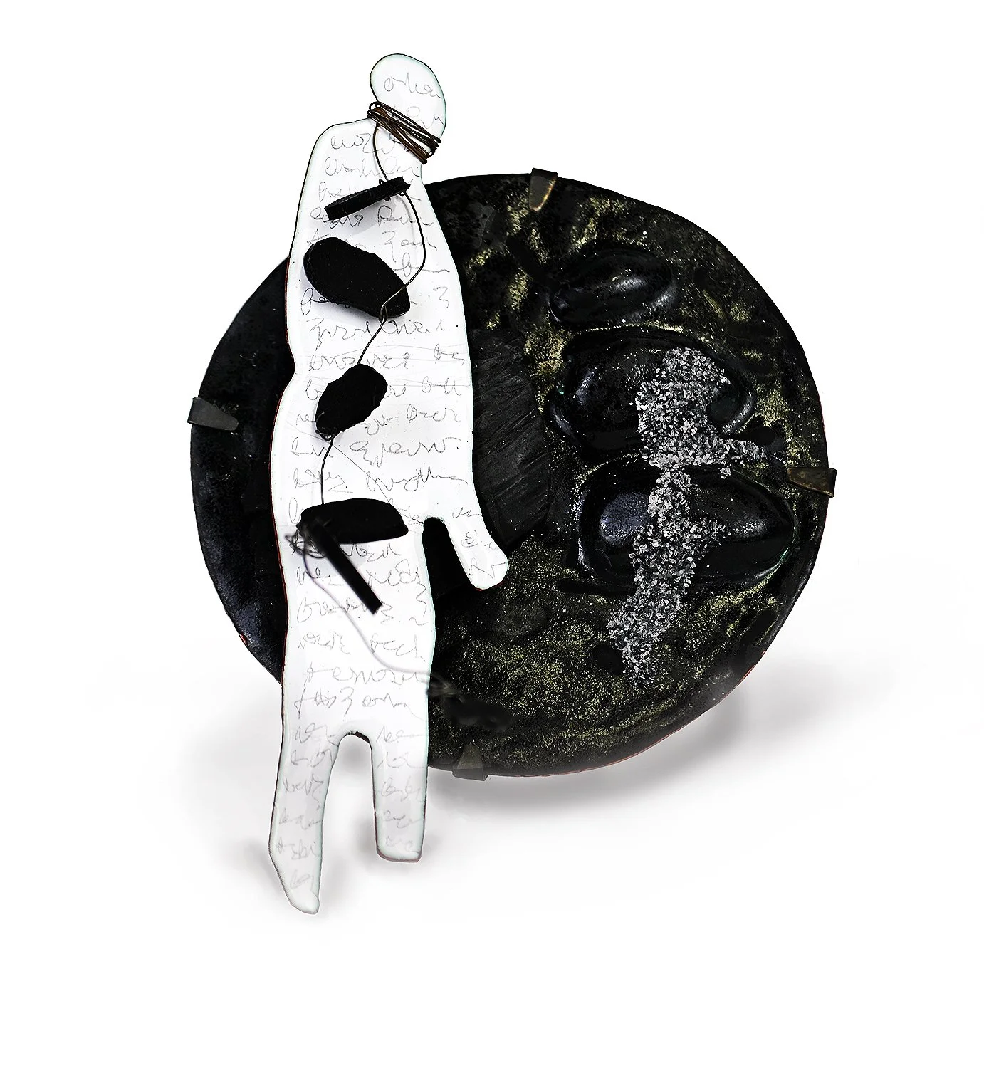Grudge, 2024. copper, enamel, moonstone, graphite, nickel silver, rubber.