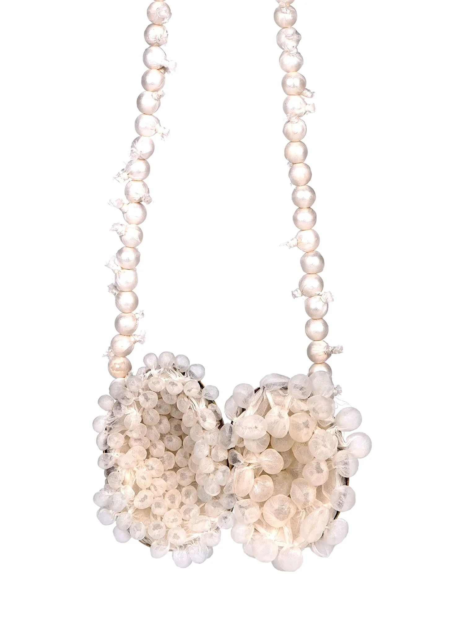 airpods, 2026. silk, brass, pearl beads, linen. 