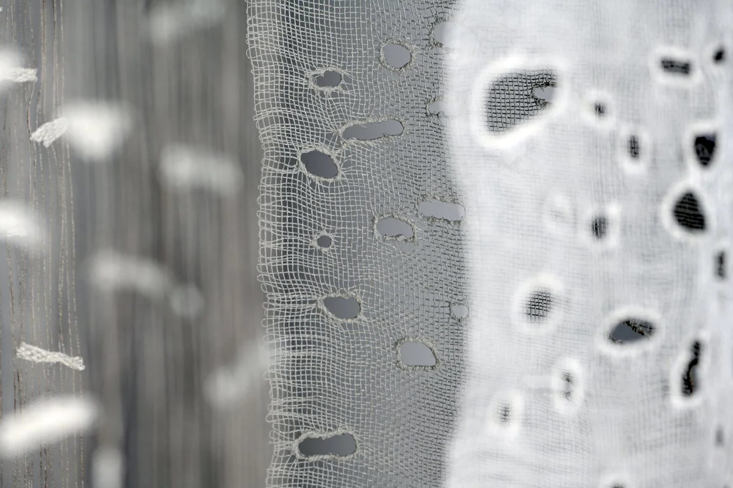 Close-up of a delicate lace fabric with intricate embroidery, holes, and pattern details.
