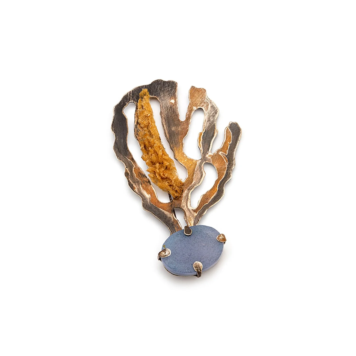 absorbed #2, 2021. silver, chalcedony stone, sea sponge, steel.