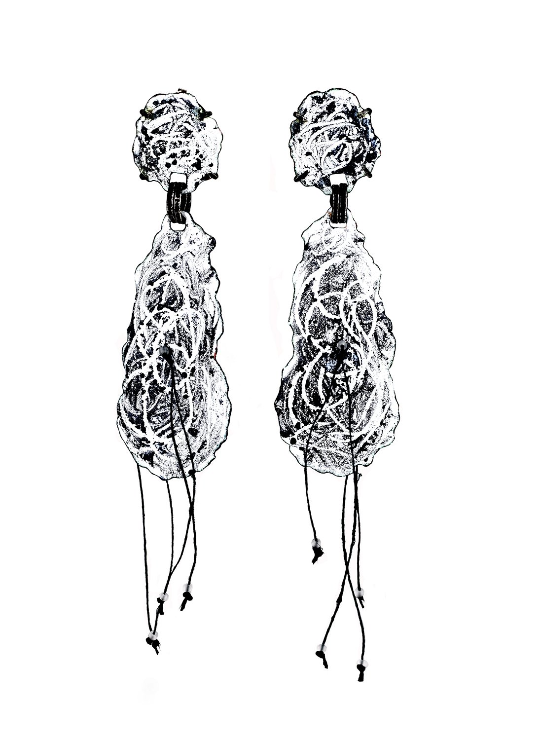 things unsaid #1, 2025. enamel, silver, thread, beads.