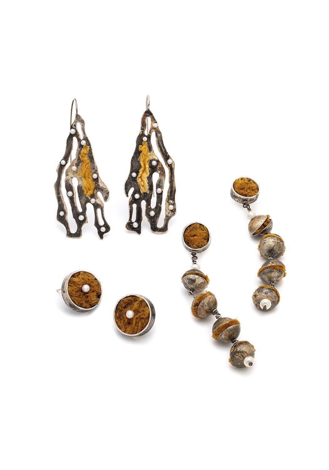 absorbed series, 2021. silver, sea sponge, pearls.