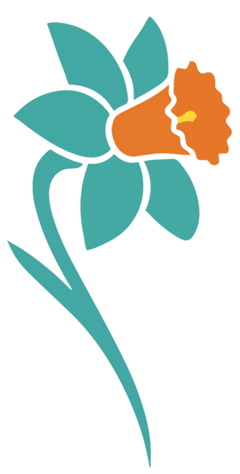 A stylized illustration of a blooming flower with teal petals and an orange center