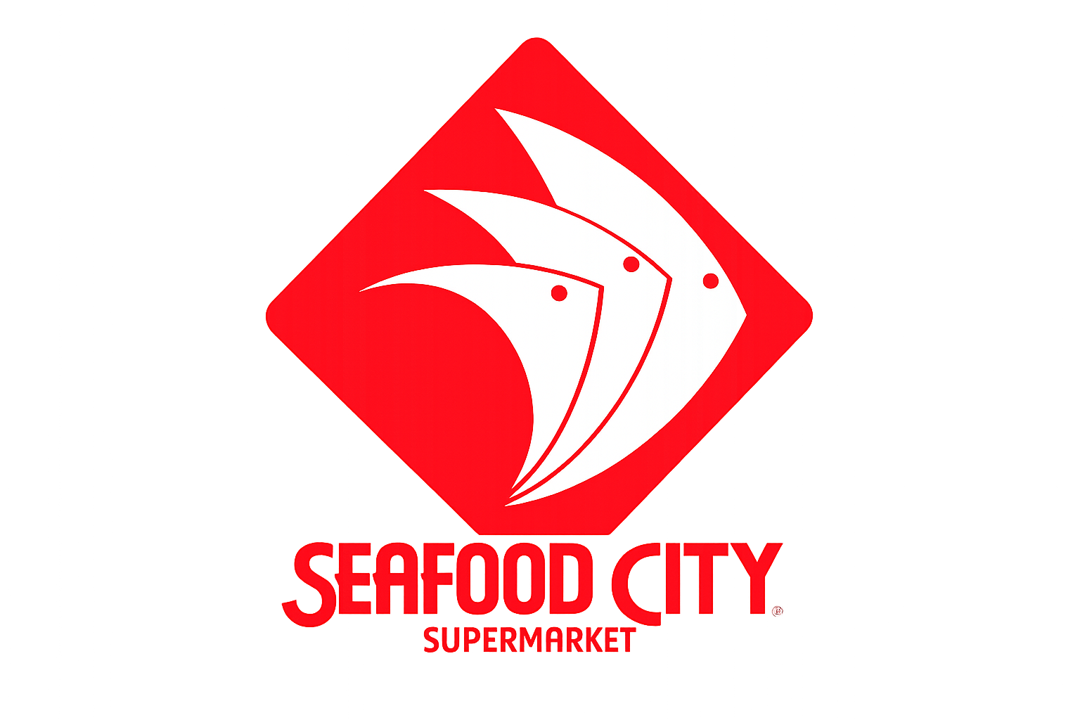Red illuminated sign for Seafood City Supermarket with stylized white fish logo and text.