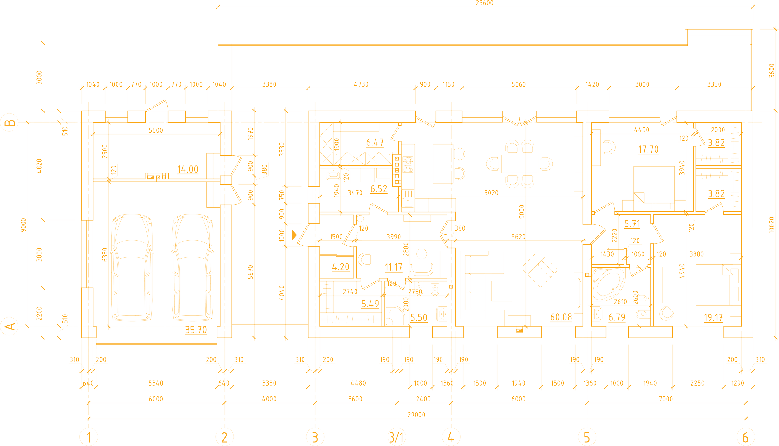 A detailed architectural blueprint of a house floor plan showing room layouts, measurements, and structural elements.