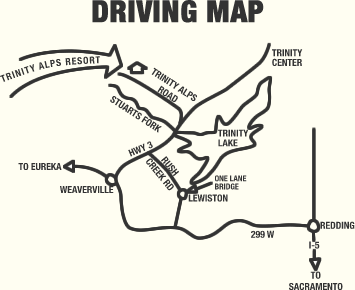 A driving map showing routes around Trinity Alps Resort, Trinity Lake, Weaverville, Lewiston, and connections to highway 299 W and I-5 to Sacramento.