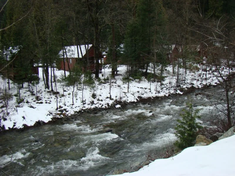 A fast-flowing river with rocks, surrounded by snow and trees, with two small red cabins in the background amidst a wooded area.