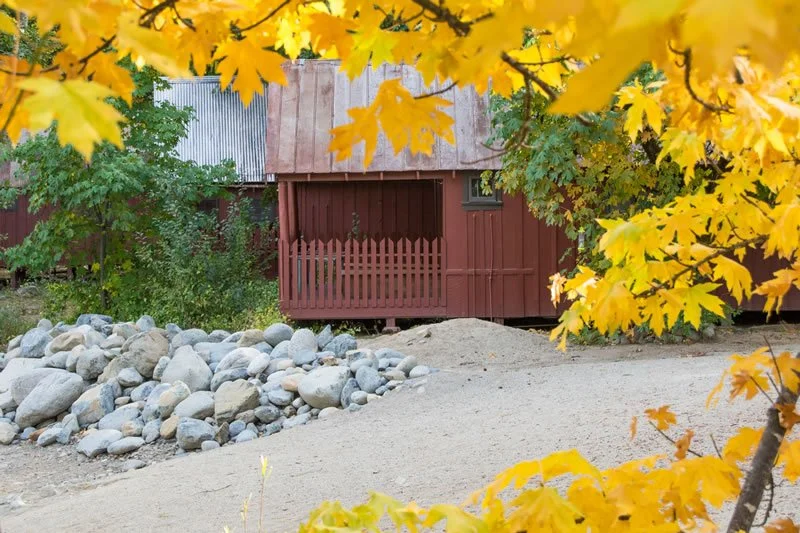 A rustic red barn with a small porch, surrounded by yellow autumn leaves and rocks, in a natural outdoor setting.