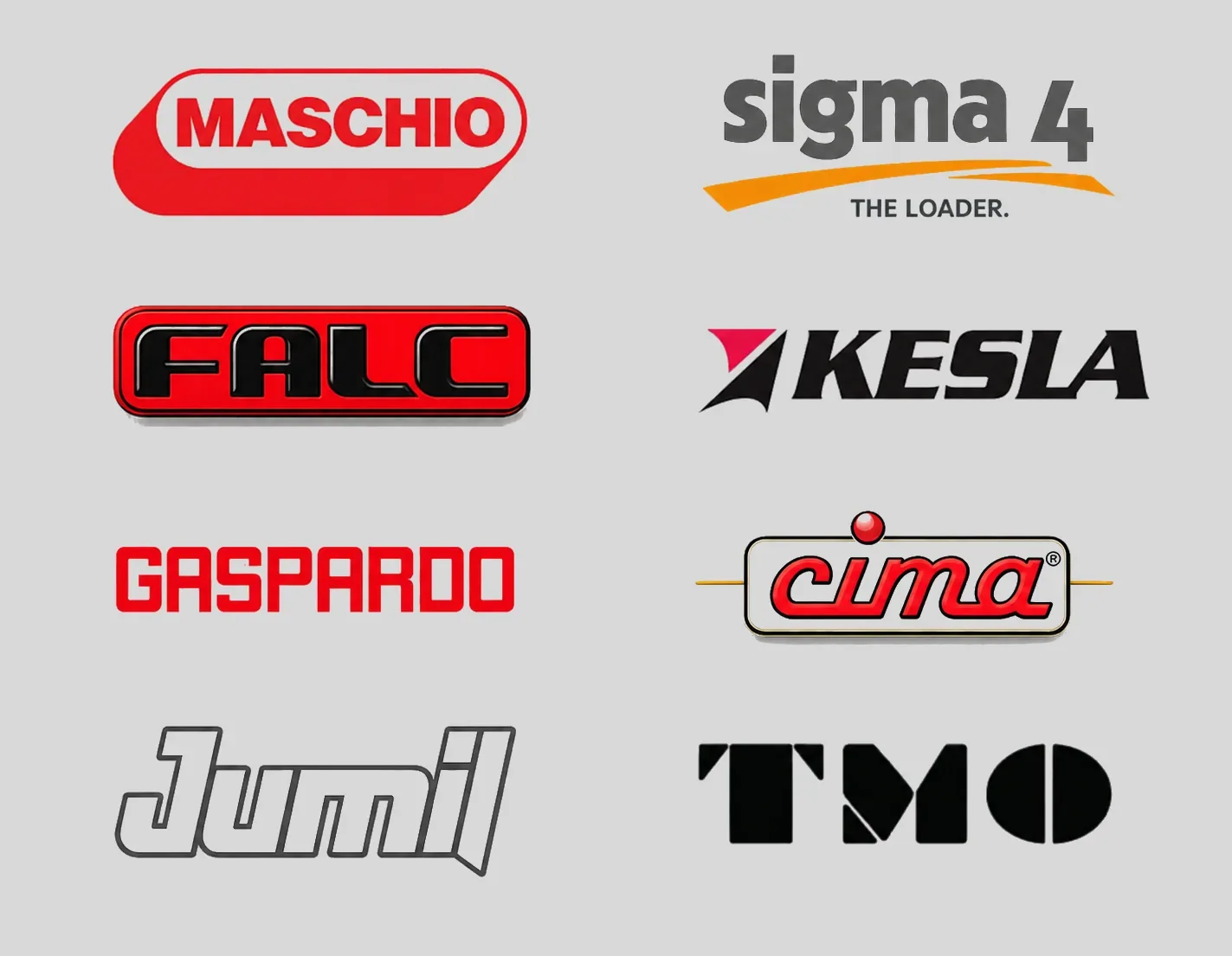 A collage of eight different logos: Maschio, Sigma 4, Falc, Kesla, Gaspardo, Cima, Jumil, and TMO, arranged in two columns on a light gray background.