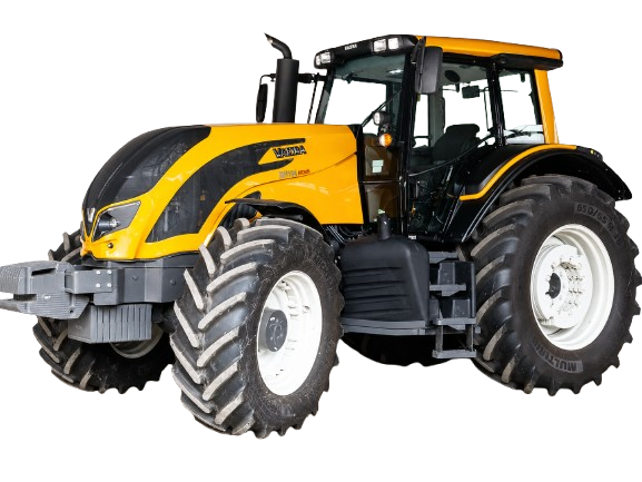 Yellow and black tractor with large tires and enclosed cab.