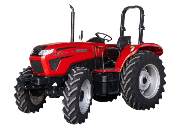 Red agricultural tractor with large tires and a green and black roll cage.