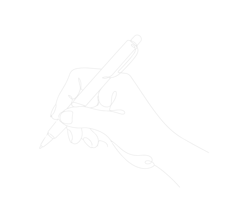 Line drawing of a hand holding a pen, poised to write on a black background.