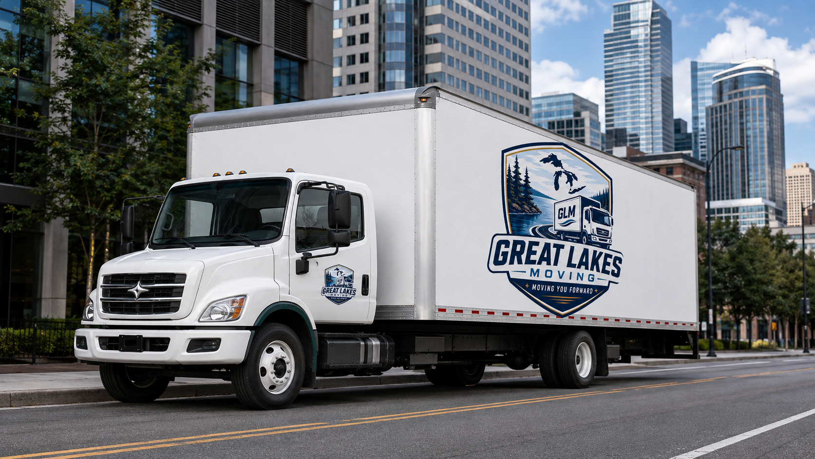 A white moving truck with Great Lakes Moving logo parked on a city street with tall modern buildings and trees in the background.