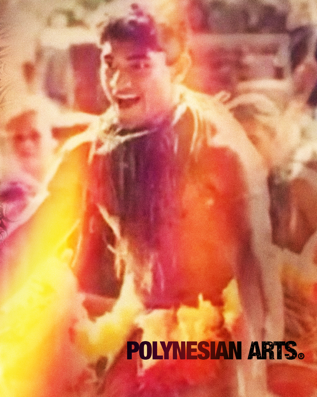 A group of people, including a man in the center with his mouth open, appears happy and excited. The image has a warm, slightly distorted color effect with the words 'POLYNESIAN ARTS' at the bottom.