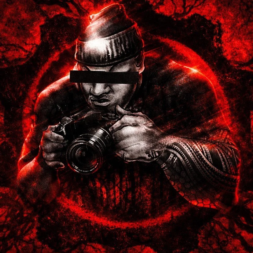 A person wearing a beanie and a black armband, holding a camera, with a red and black abstract background, featuring a black bar across their eyes.