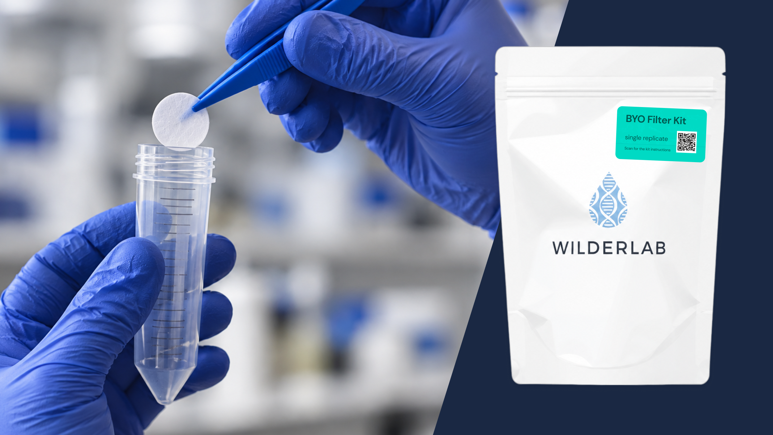Gloved hands using tweezers to place filter into sample container