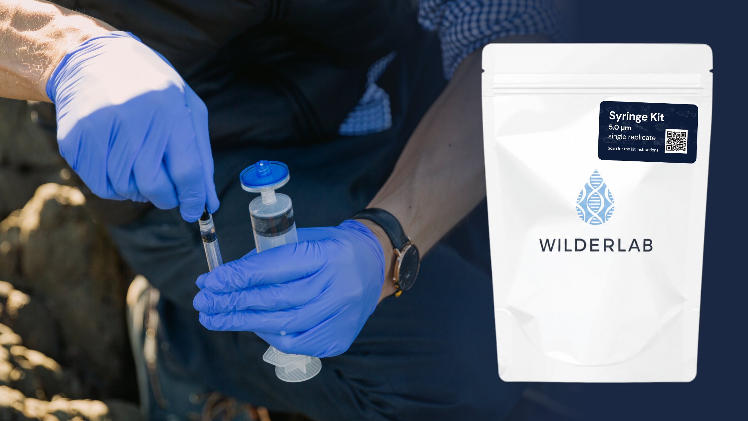 Wilderlab kit bag and person holding sampling syringes