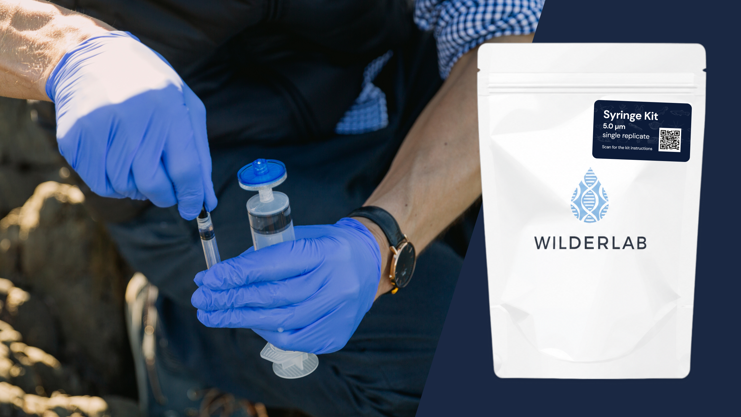 hands with blue gloves holding sampling syringes