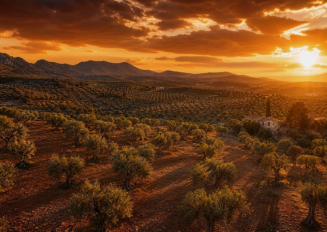 Atardecer en un paisaje de olivares con montañas al fondo y un cielo nublado, con un pequeño iglesia en el campo.